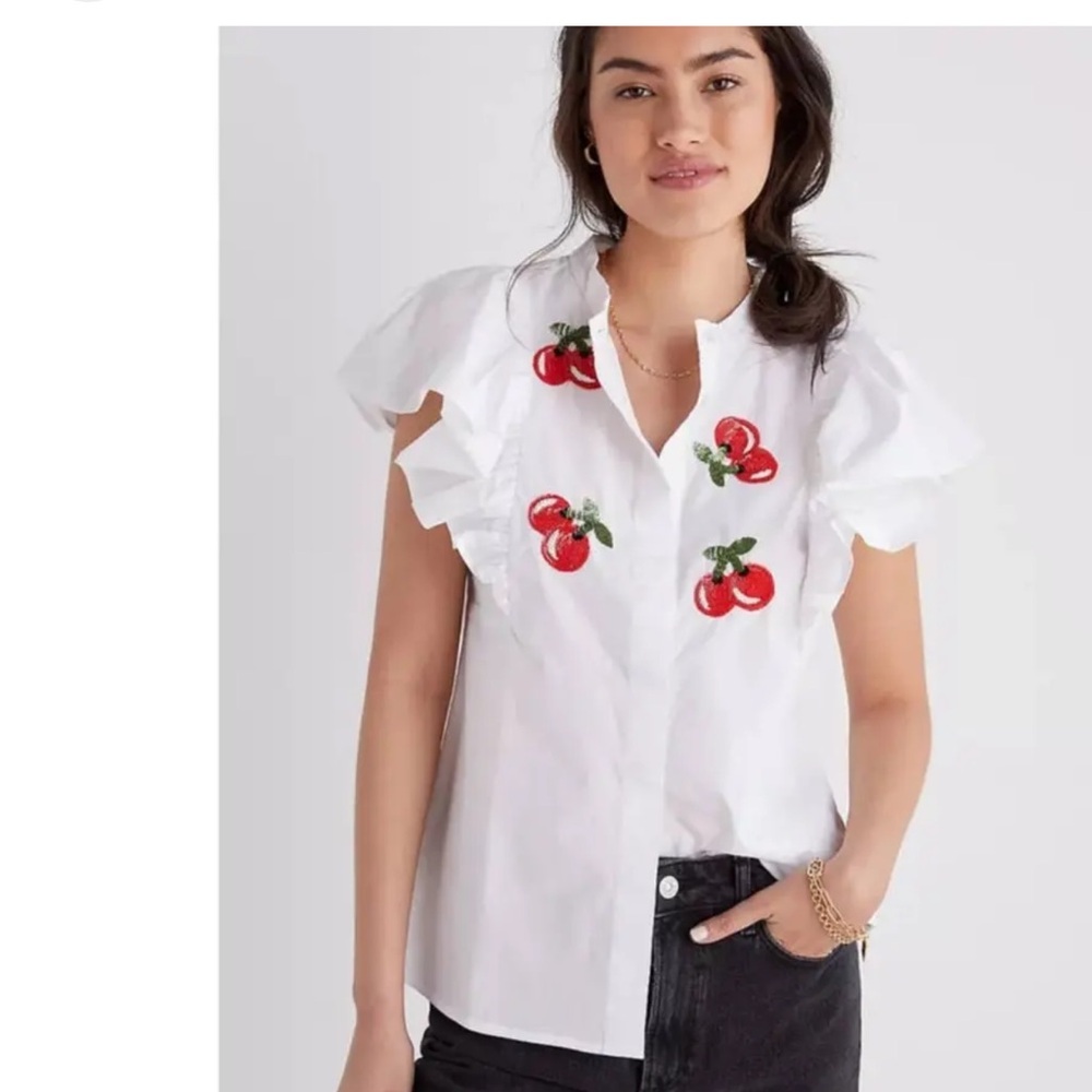 Dhruv Kapoor Anthropologie White Button Down Shirt with Cherry Embroidery Sequin